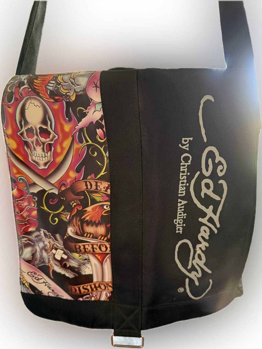 VINTAGE Christian Audigier Black Crossbody Bag with Multicolor Tattoo Print